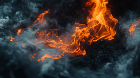 A dramatic close-up of swirling smoke and flickering flames rising from a campfire, with the contrast between the dark background and bright fire creating an intense scene.の素材