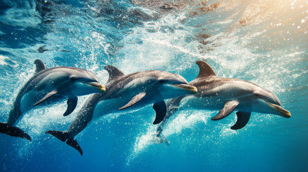 A group of dolphins swimming in a synchronized display, with splashing water and clear blue ocean highlighting their graceful movements.の素材