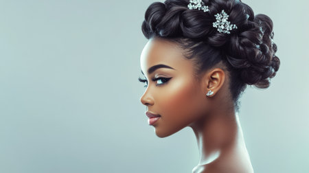 A high-resolution image of a woman with a sophisticated updo, featuring neatly pinned curls and decorative hair accessories, set against a clean, minimalist backgroundの素材