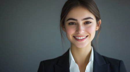 A high-resolution portrait of a young businesswoman in a sleek suit, smiling and looking directly at the camera, with her face clearly highlighted and well-lit.の素材