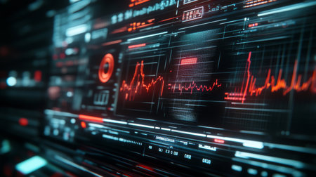 A high-tech digital display featuring a detailed view of electrical waveforms, with clean lines and numerical data showing real-time electrical activity.の素材