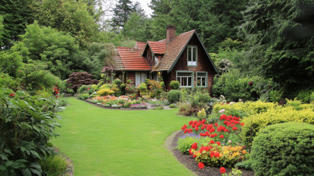 A picturesque view of a charming garden house surrounded by lush greenery, with colorful flower beds and a well-maintained lawn, evoking a serene and inviting atmosphere.の素材