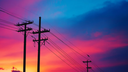 A silhouette of electricity poles and power lines against a colorful sunrise or sunset, capturing the stark contrast between the structure and the sky.の素材