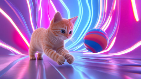 A playful 3D cat model interacting with a virtual toy, highlighting the cats animated movements and detailed textures, set in a virtual or futuristic environment.の素材