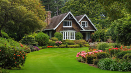 A picturesque view of a charming garden house surrounded by lush greenery, with colorful flower beds and a well-maintained lawn, evoking a serene and inviting atmosphere.の素材