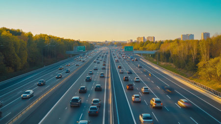 A panoramic shot of a highway during rush hour, with multiple lanes of traffic and a sea of cars stretching into the distance underの素材