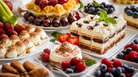A selection of Italian desserts including tiramisu, cannoli, and panna cotta, elegantly displayed on a dessert table with fresh fruit and mint leavesの素材