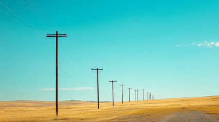 A row of electricity poles stretching across a rural landscape, with power lines extending into the distance under a clear blue sky.の素材
