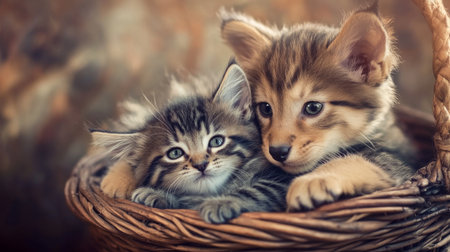 A playful puppy and a fluffy kitten cuddling together in a basket, showcasing their adorable expressions and affectionate interaction in a cozy environment.の素材