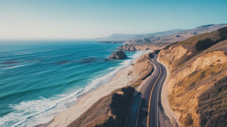 A picturesque coastal road with turquoise waters and golden sands on one side, and rugged cliffs and rolling waves on the other, captured under a clear sky.の素材