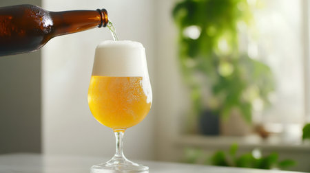 A refreshing beer being poured from a bottle into a tall glass with a rich, frothy head, set against a bright, clean backdrop to emphasize its clarity and color.の素材