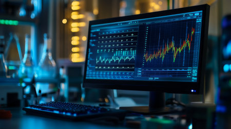 A scientific research setting with a computer screen displaying complex electrical wave graphs, highlighting the detailed data and analysis of electrical signals.の素材
