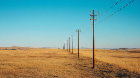 A row of electricity poles stretching across a rural landscape, with power lines extending into the distance under a clear blue sky.の素材