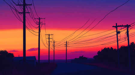 A silhouette of electricity poles and power lines against a colorful sunrise or sunset, capturing the stark contrast between the structure and the sky.の素材