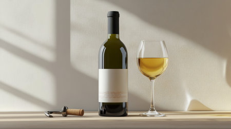 A stylish arrangement of a wine bottle with an elegant label, a corkscrew, and a glass of white wine, all set against a clean, neutral background to emphasize sophistication.の素材