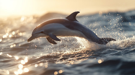A playful dolphin leaping out of the water, with sunlight glistening on its sleek body and creating sparkling droplets around it.の素材