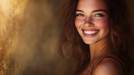 A stunning woman with a radiant smile, captured in a natural setting with soft, flattering light that highlights her beauty and confidence.の素材