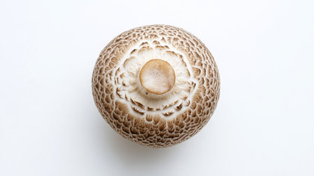 A single shiitake mushroom, centered on a white background, showcasing the intricate patterns and earthy tones of its cap.の素材