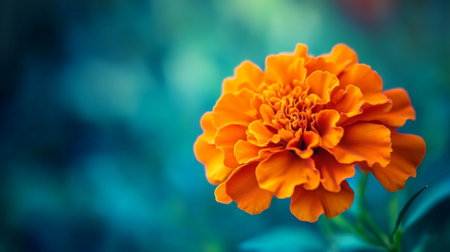 A vivid orange marigold flower in sharp focus, showcasing the intricate layers of petals and rich color, with a subtle background blur.の素材