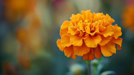 A vivid orange marigold flower in sharp focus, showcasing the intricate layers of petals and rich color, with a subtle background blur.の素材