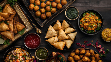 A top-down shot of a variety of Indian appetizers, including samosas, pakoras, and chutneys, displayed elegantly on a table with garnishes and decorative elements.の素材