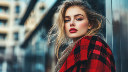 A stylish woman in a flattering outfit, confidently posing in a modern urban environment, with a focus on her refined and well-maintained physique.の素材