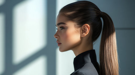 A stylish photo of a woman with a trendy high ponytail, emphasizing the smooth, glossy texture of her hair and the clean, polished look against a contemporary backdrop.の素材