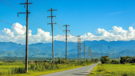 A wide view of electricity poles running alongside a road, with lush green fields and distant mountains providing a scenic background.の素材