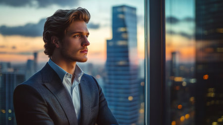 A young businessman in a tailored suit, looking thoughtfully out of a high-rise office window, with the city skyline reflecting his ambitious and determined attitude.の素材