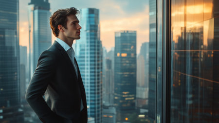 A young businessman in a tailored suit, looking thoughtfully out of a high-rise office window, with the city skyline reflecting his ambitious and determined attitude.の素材