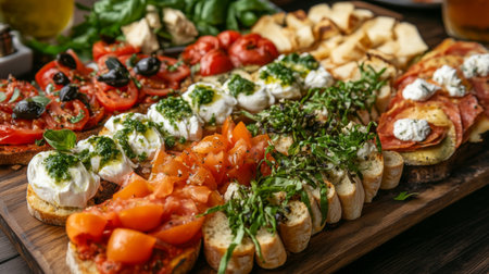 An array of Italian appetizers including bruschetta, caprese salad, and antipasto, arranged on a stylish platter with a backdrop of a cozy dining setting.の素材