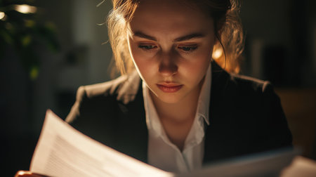 A young businesswoman in formal attire, with her face prominently featured as she reviews documents or engages in a meeting, showcasing her clear and professional demeanor.の素材