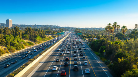 A panoramic shot of a highway during rush hour, with multiple lanes of traffic and a sea of cars stretching into the distance underの素材