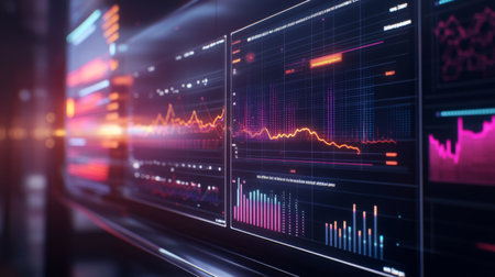A high-tech digital display featuring a detailed view of electrical waveforms, with clean lines and numerical data showing real-time electrical activity.の素材