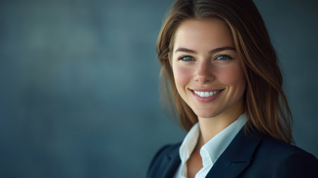 A high-resolution portrait of a young businesswoman in a sleek suit, smiling and looking directly at the camera, with her face clearly highlighted and well-lit.の素材