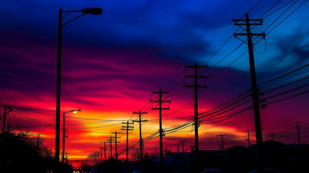 A silhouette of electricity poles and power lines against a colorful sunrise or sunset, capturing the stark contrast between the structure and the sky.の素材
