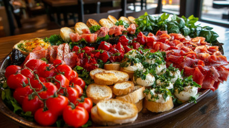 An array of Italian appetizers including bruschetta, caprese salad, and antipasto, arranged on a stylish platter with a backdrop of a cozy dining setting.の素材