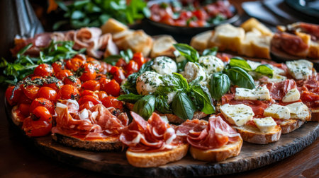An array of Italian appetizers including bruschetta, caprese salad, and antipasto, arranged on a stylish platter with a backdrop of a cozy dining setting.の素材