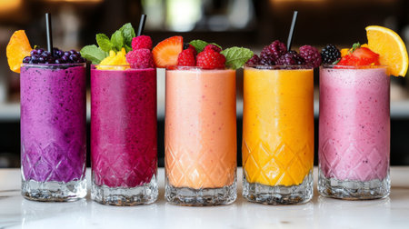 An artistic arrangement of several glasses of different fruit smoothies, each with unique colors and garnished with fresh berries, served on a modern, white countertop.の素材