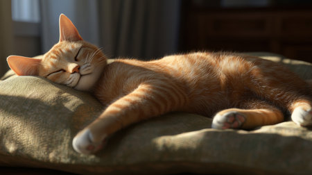 An artistic 3D model of a cat lounging on a stylized cushion, with a focus on the cat's detailed anatomy and dynamic pose, creating a visually engaging scene.の素材