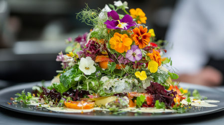 An artfully arranged salad on a large, flat plate, showcasing layers of fresh greens, colorful vegetables, and a drizzle of vinaigrette, garnished with edible flowers.の素材
