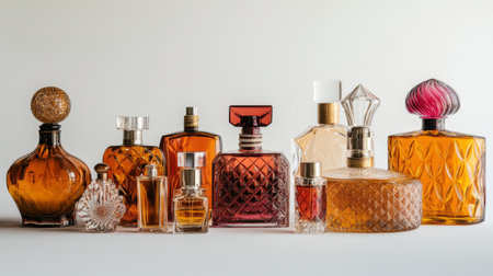 An artistic arrangement of several perfume bottles of varying shapes and sizes, all set against a white background to create a refined and elegant display.の素材
