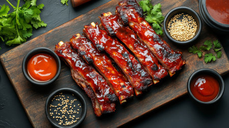 An artistic arrangement of tender barbecued ribs on a cutting board, with a generous drizzle of barbecue sauce and sprinkled with sesame seeds, surrounded by garnishes and dipping sauces.の素材