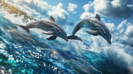 Dolphins engaging in a game of chasing each other, with their bodies partially out of the water and creating dynamic splashes in a vibrant sea environment.の素材