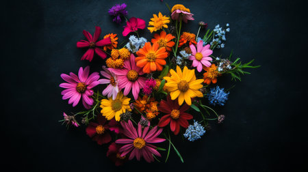 An artistic overhead view of a bouquet of mixed wildflowers, with petals spread out to create a visually pleasing pattern and vibrant color contrast.の素材
