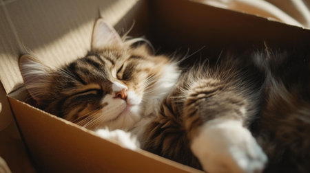 Close-up of a fluffy cat sleeping soundly in a box, with only its paws and face peeking out, creating an adorable and intimate scene.の素材