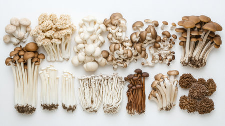 An overhead view of various Japanese mushrooms, including shiitake, enoki, and maitake, artfully arranged against a plain white background, highlighting their natural beauty.の素材