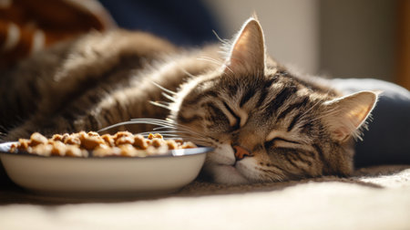 Chubby cat lying next to a bowl of food, eyes half-closed, looking satisfied after a meal.の素材