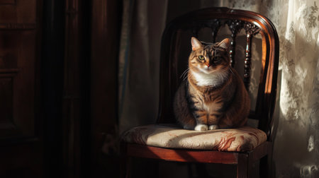 Chubby cat perched on a chair, its body filling the seat, with soft light illuminating its fur.の素材