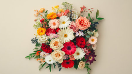An overhead view of a vibrant floral arrangement featuring a mix of colorful flowers, including roses, lilies, and daisies, set against a clean, neutral background.の素材